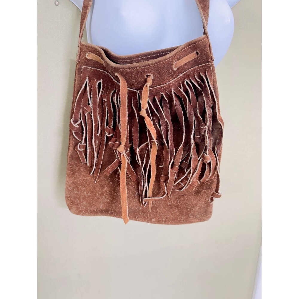 Rust Brown Suede Leather Fringe Bucket Crossbody Bag 10x12x5 western real suede